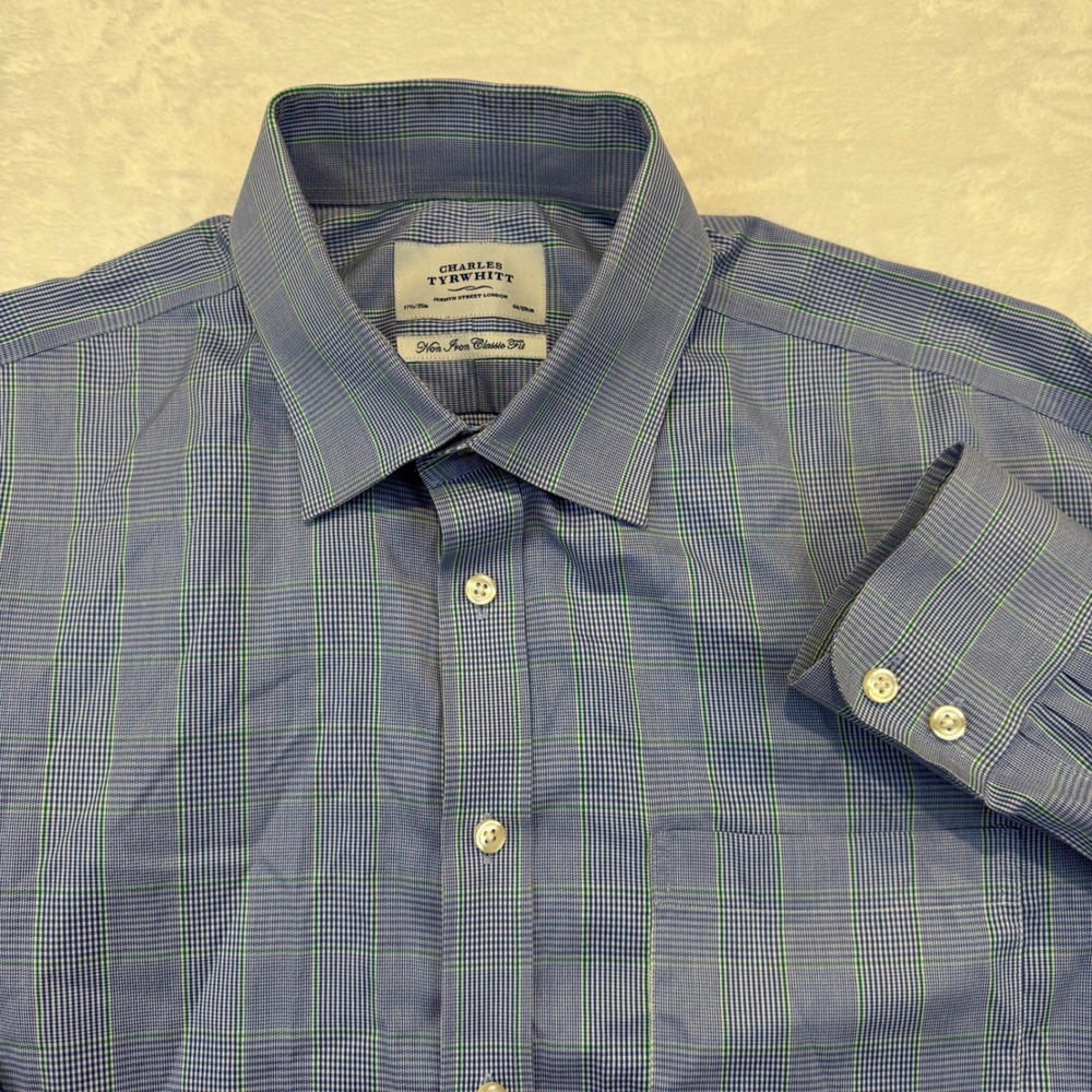 Charles Tyrwhitt Mens Blue Green Check Non Iron Classic Fit Shirt 17.5 35in
